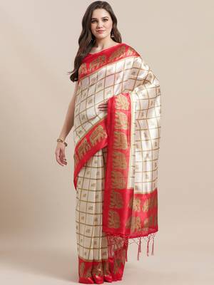 Cream printed art silk saree with blouse 1