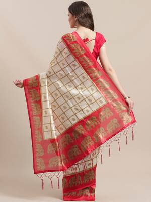 Cream printed art silk saree with blouse 2