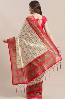 Cream printed art silk saree with blouse