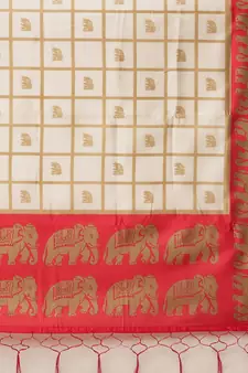 Cream printed art silk saree with blouse
