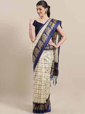 White printed art silk saree with blouse 1