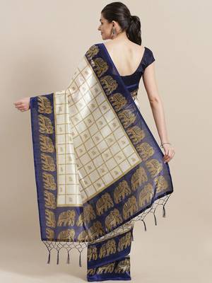 White printed art silk saree with blouse 2