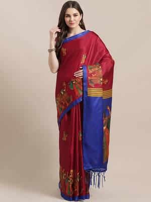 Maroon printed art silk saree with blouse 1