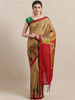 Beige printed art silk saree with blouse 1