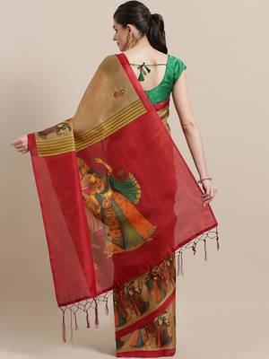 Beige printed art silk saree with blouse 2