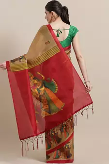 Beige printed art silk saree with blouse