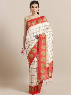 White printed art silk saree with blouse 1