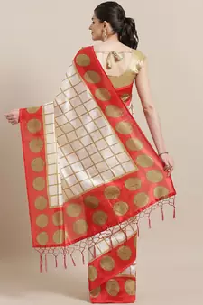 White printed art silk saree with blouse