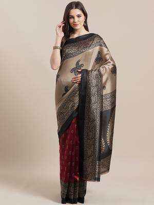 Maroon printed art silk saree with blouse 1