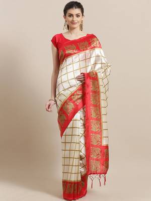 White printed art silk saree with blouse 1