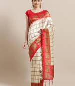 White printed art silk saree with blouse