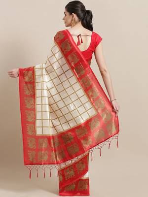 White printed art silk saree with blouse 2