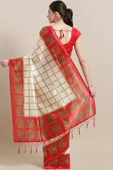 White printed art silk saree with blouse