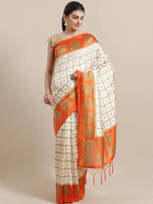 White printed art silk saree with blouse 1