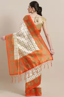 White printed art silk saree with blouse