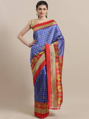 Blue printed art silk saree with blouse 1