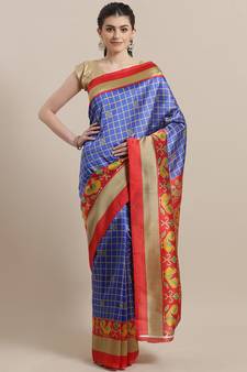 Blue printed art silk saree with blouse