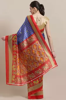 Blue printed art silk saree with blouse
