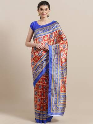 Red printed art silk saree with blouse 1