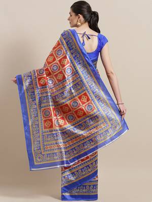 Red printed art silk saree with blouse 2