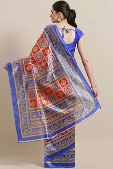 Red printed art silk saree with blouse