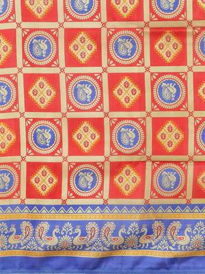 Red printed art silk saree with blouse 3