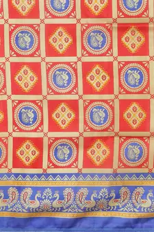 Red printed art silk saree with blouse