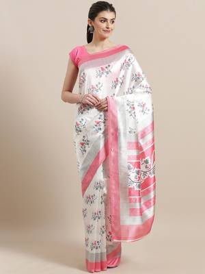 White printed art silk saree with blouse 1