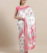 White printed art silk saree with blouse