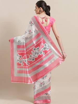 White printed art silk saree with blouse 2
