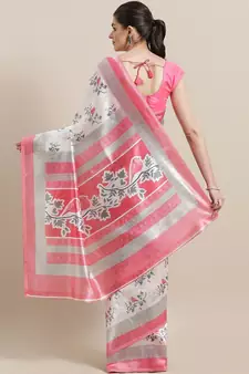 White printed art silk saree with blouse