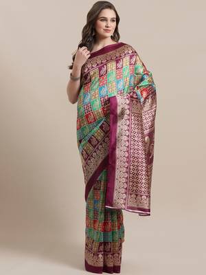Green printed art silk saree with blouse 1