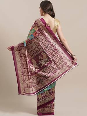 Green printed art silk saree with blouse 2