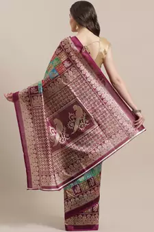 Green printed art silk saree with blouse