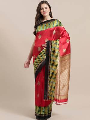 Red printed art silk saree with blouse 1