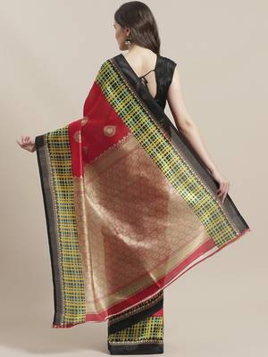 Red printed art silk saree with blouse 2