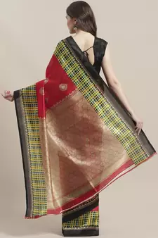 Red printed art silk saree with blouse
