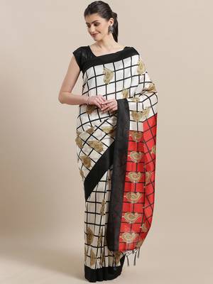 White printed art silk saree with blouse 1