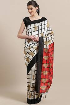 White printed art silk saree with blouse