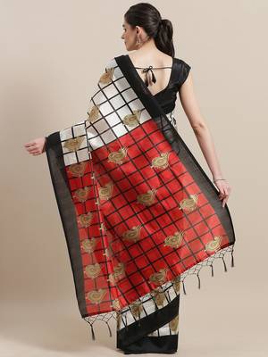 White printed art silk saree with blouse 2