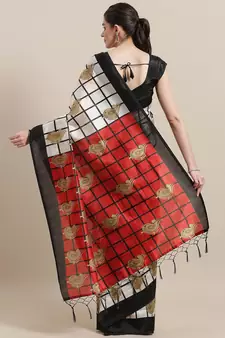 White printed art silk saree with blouse