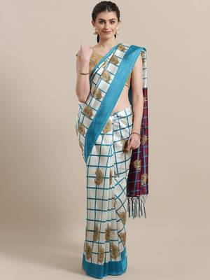 White printed art silk saree with blouse 1