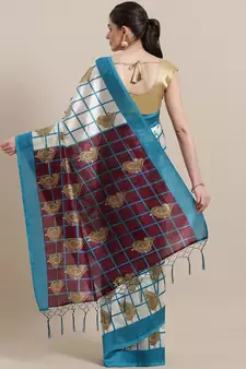 White printed art silk saree with blouse