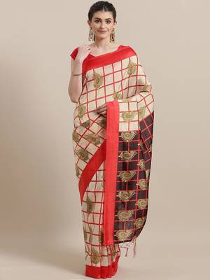 Cream printed art silk saree with blouse 1