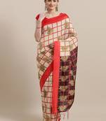 Cream printed art silk saree with blouse