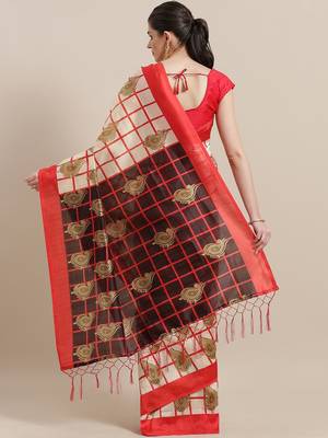 Cream printed art silk saree with blouse 2