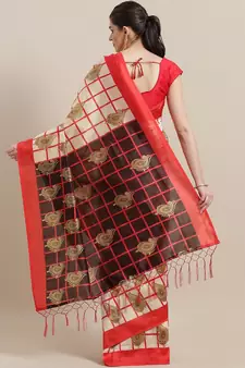 Cream printed art silk saree with blouse