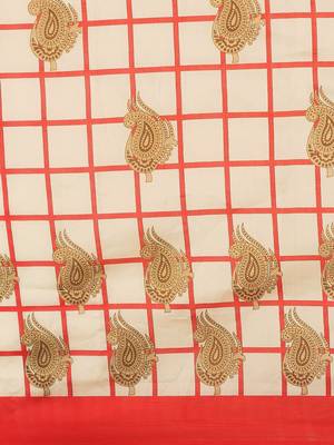 Cream printed art silk saree with blouse 3