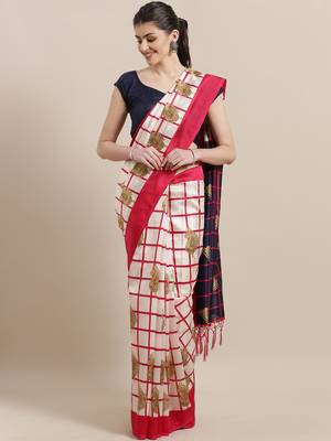 White printed art silk saree with blouse 1