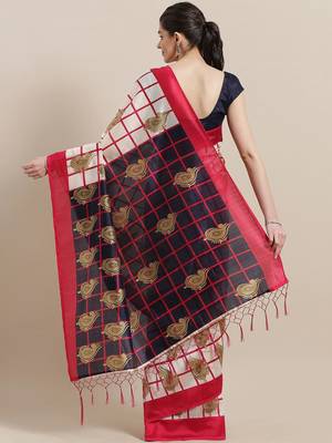 White printed art silk saree with blouse 2